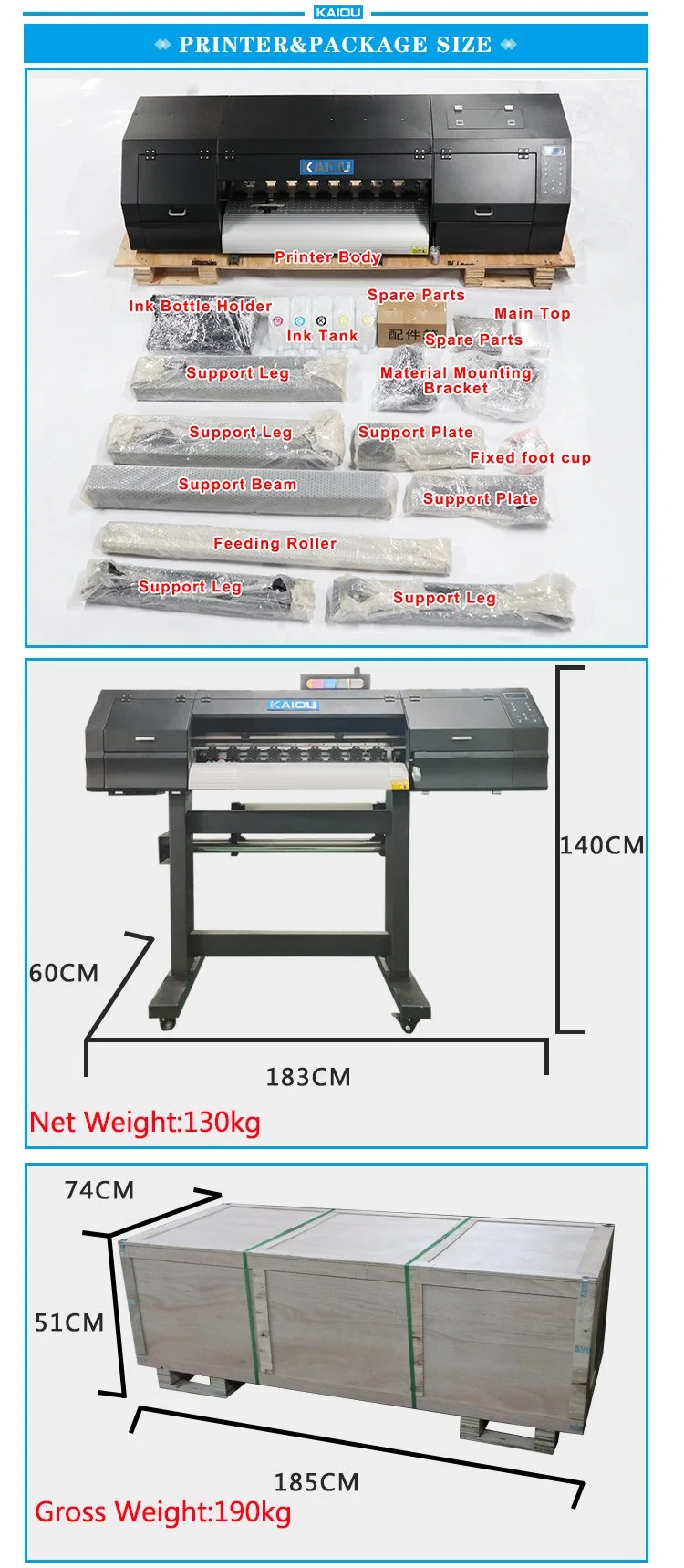 Kaiou High Quality 60cm Dtf Printer 2 PCS I3200/4720 Printhead with Powder Shaking Machine Printing Garment